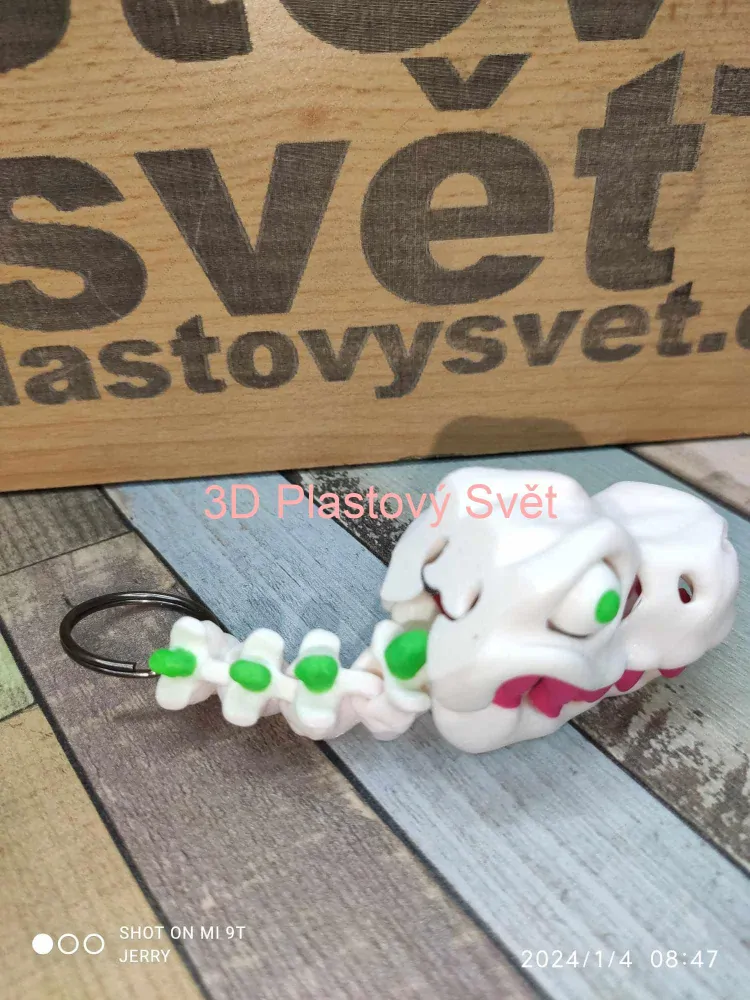 Lebka T-Rex s oči- klíčenka - tříbarevné