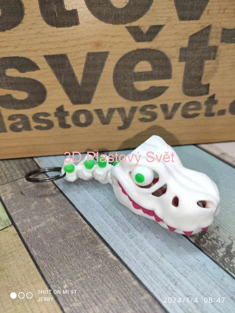 Lebka T-Rex s oči- klíčenka - tříbarevné